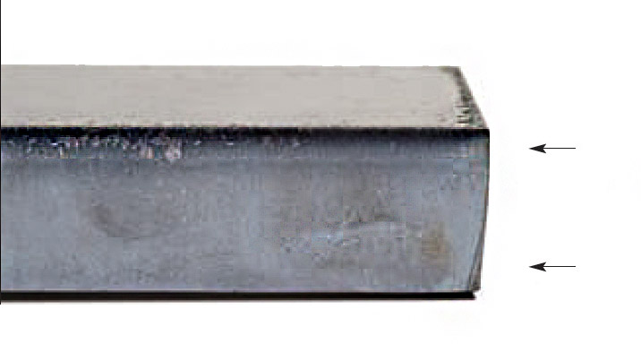 Negative bevel shown on a cut away